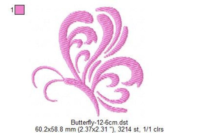 May include: Pink butterfly embroidery design with intricate details. The design is 2.37 inches by 2.31 inches and has 3214 stitches.