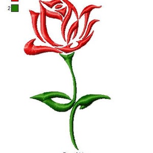 Puede incluir: Un dise&ntilde;o de bordado de rosa estilizado en rojo y verde. La rosa est&aacute; delineada en rojo y el tallo y las hojas son verdes. El dise&ntilde;o mide 61,7 mm por 110,1 mm y tiene 3944 puntadas.