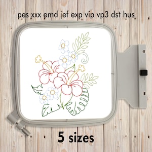 Rode Hibiscus omtrek, Machine Borduurontwerp, 5 maten, Instant Download, Vulsteek, Wild Bloemenborduurwerk, Tuinbloemontwerp