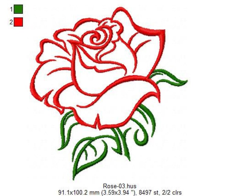 May include: An embroidery design of a red rose with green leaves and stems. The design features a red outline of a rose blossom and green outlines of leaves. The text below reads Rose-03.hus and 91.1x100.2 mm (3.59x3.94 inches), 8497 st, 2/2 clrs.