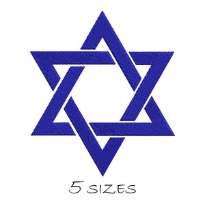 May include: A blue six-pointed star, also known as the Star of David, is a symbol of Judaism. The star is made up of two overlapping triangles. The image includes the text "5 SIZES".