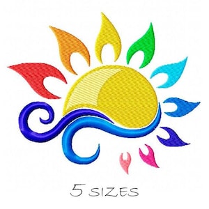 Color sun Machine Embroidery Design Silhouette Outline Sunrise Rainbow Ocean Sunray Summer Blue wave Sunbream Instant Download