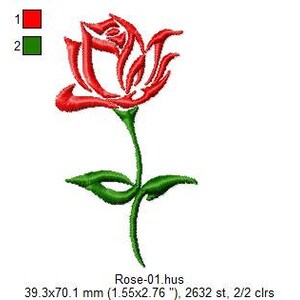 Puede incluir: Una rosa roja con un tallo y hojas verdes. La rosa es estilizada y tiene un dise&ntilde;o simple. La imagen est&aacute; etiquetada como "Rose-01.hus" e incluye las dimensiones 39,3x70,1 mm (1,55x2,76").