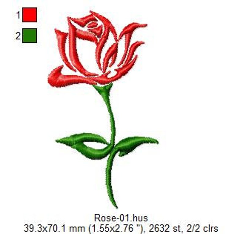 Puede incluir: Una rosa roja con un tallo y hojas verdes. La rosa es estilizada y tiene un dise&ntilde;o simple. La imagen est&aacute; etiquetada como "Rose-01.hus" e incluye las dimensiones 39,3x70,1 mm (1,55x2,76").