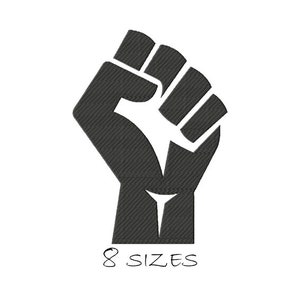 Puede incluir: Silueta en blanco y negro de un puño en alto, símbolo de poder y solidaridad. La imagen incluye el texto "8 SIZES".