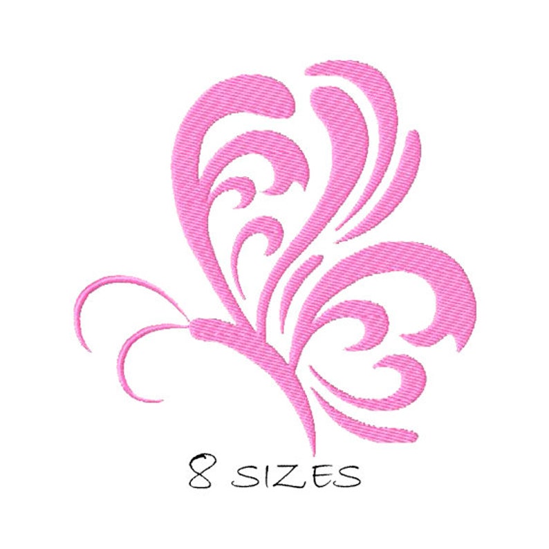 May include: Pink butterfly embroidery design with intricate details. The design features a stylized butterfly with delicate wings and a curved body. The design is perfect for adding a touch of elegance to any project.