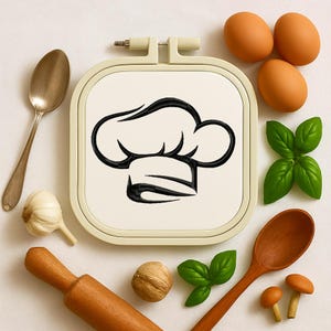 シェフハット #1、ミシン刺繍デザイン、即時ダウンロード、フィルステッチ、5サイズ、刺繍フィル、キッチン、コックハット、ハッピーシェフの日