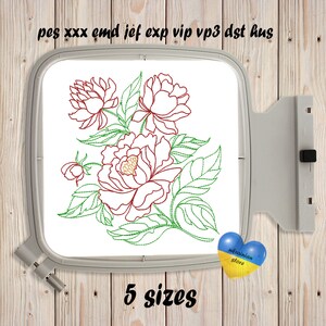 Rode Pion schets machine borduurwerk ontwerpen aquarel bloem bloem silhouet Instant Download bloemen borduurwerk zomertuin wilde bloem