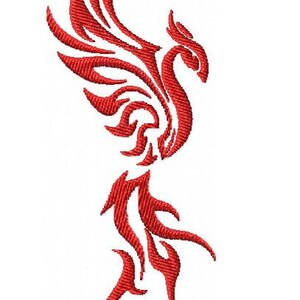 May include: A red machine embroidery design of a phoenix with stylized wings and a long tail. The design measures 2.15 inches by 5.10 inches. The image includes a small red square icon labeled 1 and text reading Phoenix-01-13cm.dst 54.5x129.6 mm.