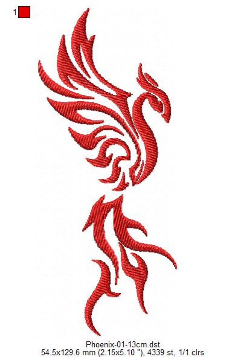May include: A red machine embroidery design of a phoenix with stylized wings and a long tail. The design measures 2.15 inches by 5.10 inches. The image includes a small red square icon labeled 1 and text reading Phoenix-01-13cm.dst 54.5x129.6 mm.
