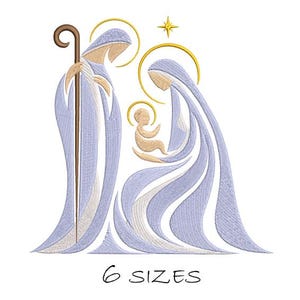Può includere: Un disegno ricamato che raffigura la scena della Natività. L'immagine presenta Maria, Giuseppe e Gesù bambino, con aureole dorate e una stella. Le figure sono in tonalità di blu, beige e bianco, con il testo "6 SIZES" in basso.