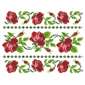 Może przedstawiać: Wzór haftu krzyżykowego przedstawiający czerwone róże i zielone liście na białym tle. Kwiatowy wzór zawiera trzy rzędy róż ze szczegółowymi płatkami i łodygami oraz dwa rzędy małych zielonych kropek.