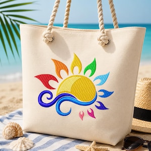 Color sun Machine Embroidery Design Silhouette Outline Sunrise Rainbow Ocean Sunray Summer Blue wave Sunbream Instant Download