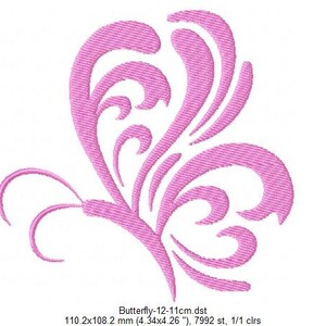 May include: Pink butterfly embroidery design with intricate swirls and curves. The design is 4.34 inches by 4.26 inches and has 7992 stitches.