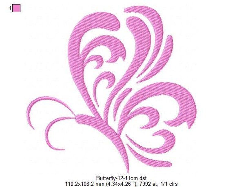 May include: Pink butterfly embroidery design with intricate swirls and curves. The design is 4.34 inches by 4.26 inches and has 7992 stitches.