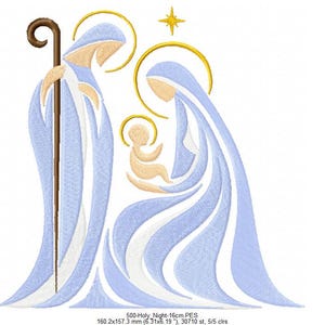 May include: An embroidery design of a nativity scene featuring three figures in flowing light blue and white robes with gold halos and a star. One figure holds a brown staff. The design measures 6.31 by 6.19 inches and includes five thread colors.