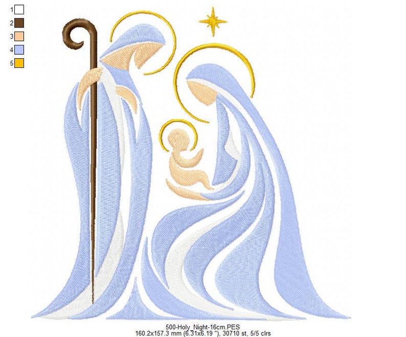 May include: An embroidery design of a nativity scene featuring three figures in flowing light blue and white robes with gold halos and a star. One figure holds a brown staff. The design measures 6.31 by 6.19 inches and includes five thread colors.