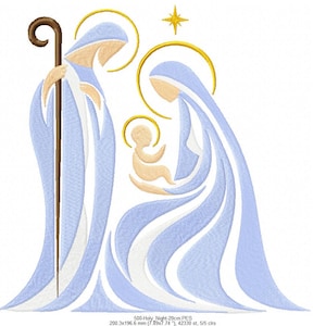 May include: An embroidery design of the Nativity scene featuring three figures in light blue and white robes with gold halos. A brown staff is held by the standing figure, and a gold star is positioned above. The design measures 7.89 x 7.74 inches.