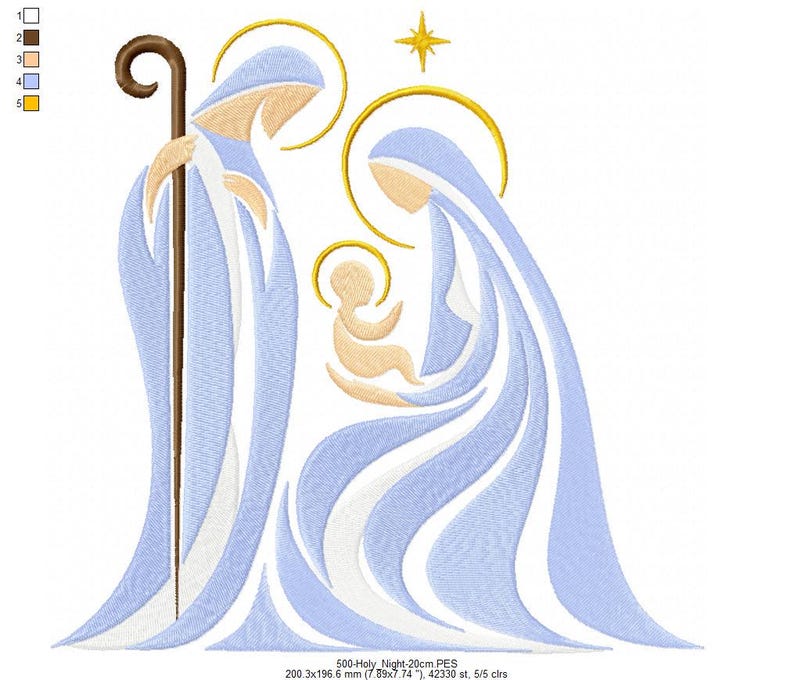 May include: An embroidery design of the Nativity scene featuring three figures in light blue and white robes with gold halos. A brown staff is held by the standing figure, and a gold star is positioned above. The design measures 7.89 x 7.74 inches.