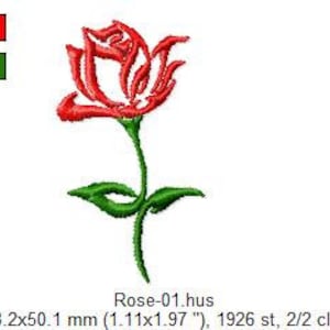 Puede incluir: Una rosa roja con hojas y tallo verdes. La rosa est&aacute; estilizada con un dise&ntilde;o en forma de llama. La imagen est&aacute; etiquetada como "Rose-01.hus" e incluye las dimensiones "28,2x50,1 mm (1,11x1,97 ")".