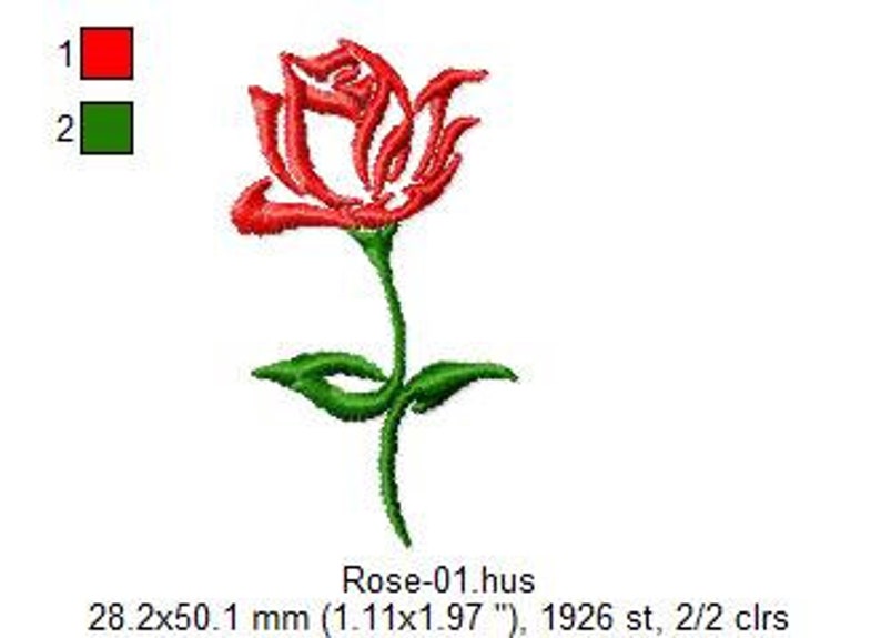 Puede incluir: Una rosa roja con hojas y tallo verdes. La rosa est&aacute; estilizada con un dise&ntilde;o en forma de llama. La imagen est&aacute; etiquetada como "Rose-01.hus" e incluye las dimensiones "28,2x50,1 mm (1,11x1,97 ")".