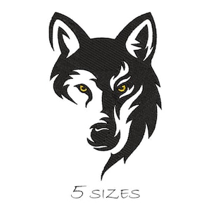 May include: Black and white stylized illustration of a wolf's head with yellow eyes. The wolf's head is facing forward and the image includes the text "5 SIZES".