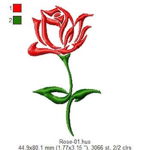 Puede incluir: Un dise&ntilde;o de bordado de rosa estilizada en rojo y verde. El dise&ntilde;o mide 44,9 mm de ancho y 80,1 mm de alto. Tiene 3066 puntadas y utiliza dos colores.