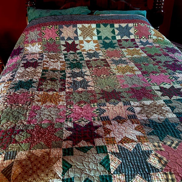 Handmade Queen/King Quilt, Patchwork Stars, Scrappy Quilt 80 x 90”