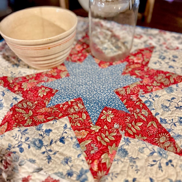 Quilt Tablerunner Red White Blue Flower Star Block Quilt Summer Centerpiece 28 x 28” Wallhanging Mothers Day Gift