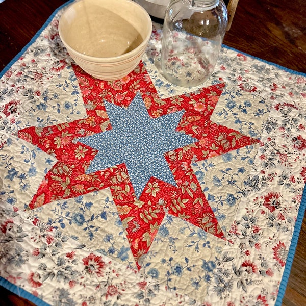 Quilt Tablerunner Red White Blue Flower Star Block Quilt Summer Centerpiece 28 x 28” Wallhanging Mothers Day Gift