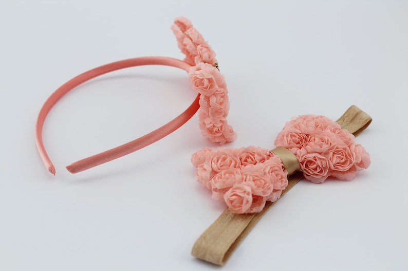 SET siblings headband /& hair band Coral and champagne