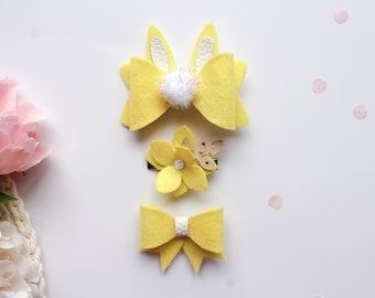 3 in SET Zuckersüße Ostern Haarspangen, Hasenohren, Pastellfarben, Blumen Haarspangen, Kleine Haaraccessoires, Filz Schleifen, Filz Blume