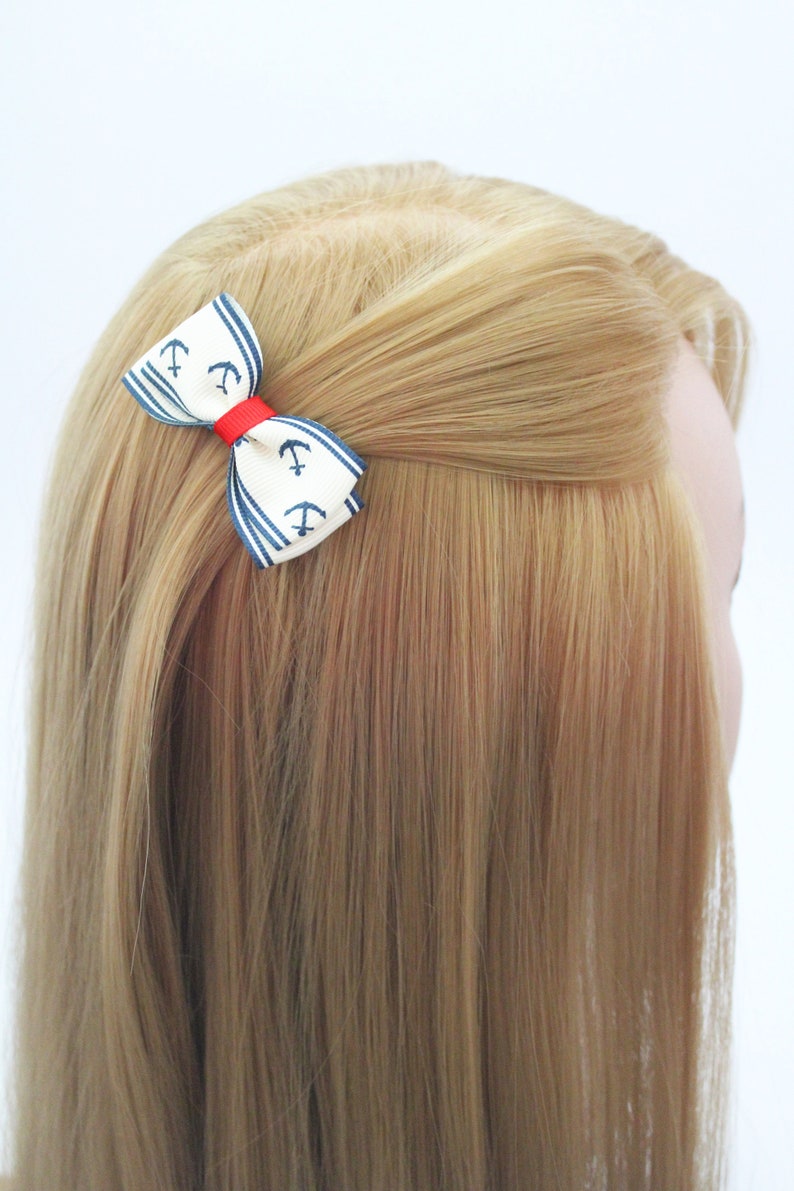 Marineblau und beige Sommertrend handgemachte Haargummis und Haarclip mit Schleife Bild 8