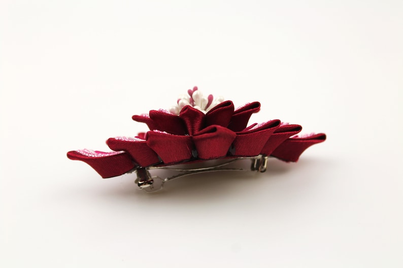 Kanzashi shiny hair clip burgundy flower girl ladies hair clip Christmas handmade wine red and pink gift hair clip