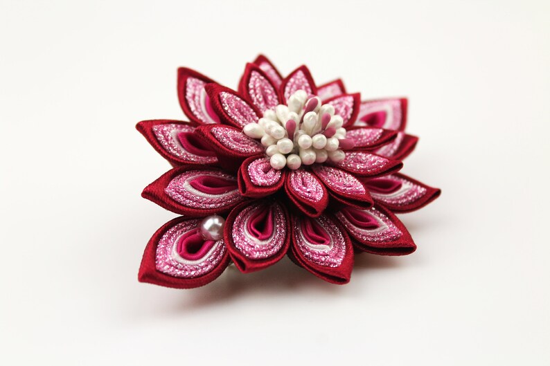 Kanzashi shiny hair clip burgundy flower girl ladies hair clip Christmas handmade wine red and pink gift hair clip