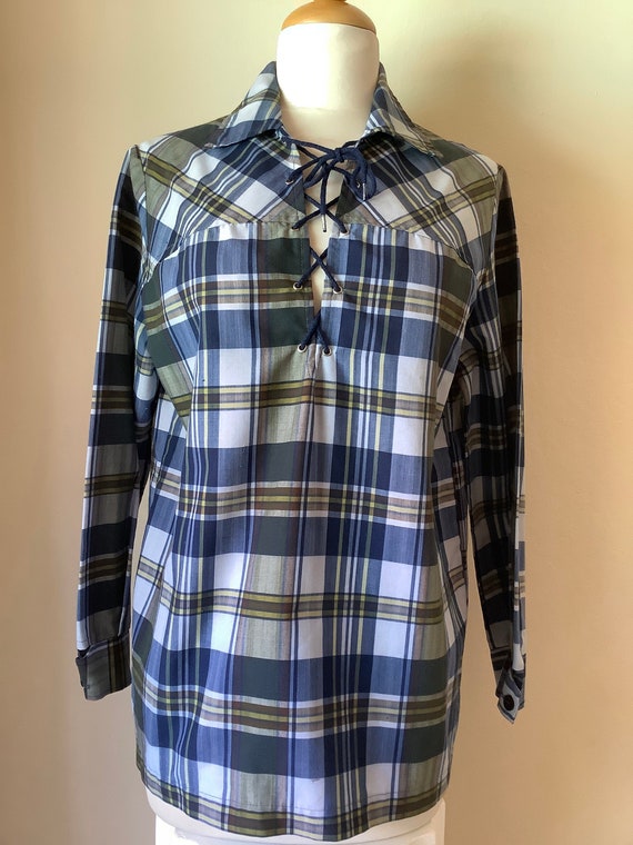 Vintage 1960's Madras Plaid Shirt Laceup Unisex Pu