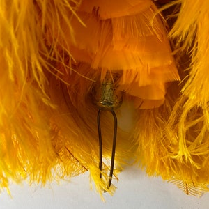 May include: Close-up of a bright yellow feather fan. The fan features layers of fluffy feathers and a small, ornate bell at the base. The feathers are a vibrant, sunny yellow, creating a cheerful and eye-catching design.