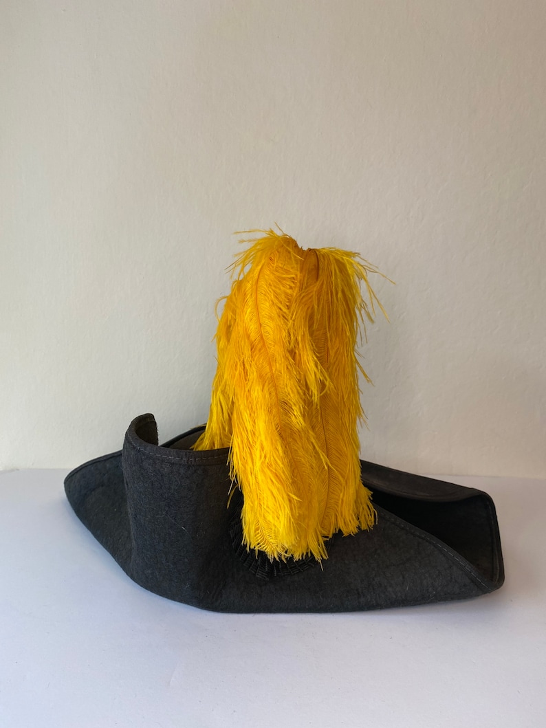 May include: A dark gray tricorn hat with a bright yellow feather plume. The hat has a wide brim and a classic, historical design. The feathers are clustered and add a striking contrast to the hat's color.