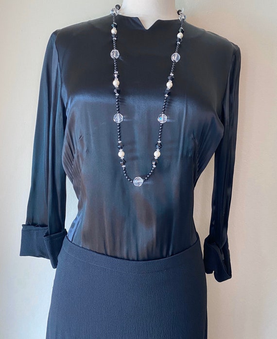 Vintage 30s Black Satin Crepe Fitted Evening LBD D
