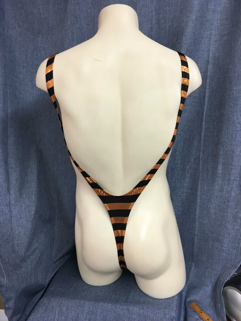 leotards swimsuits bathing suits male cut one piece sling shot bikini Starwear.us copper and black metallic stripe Agamemnon