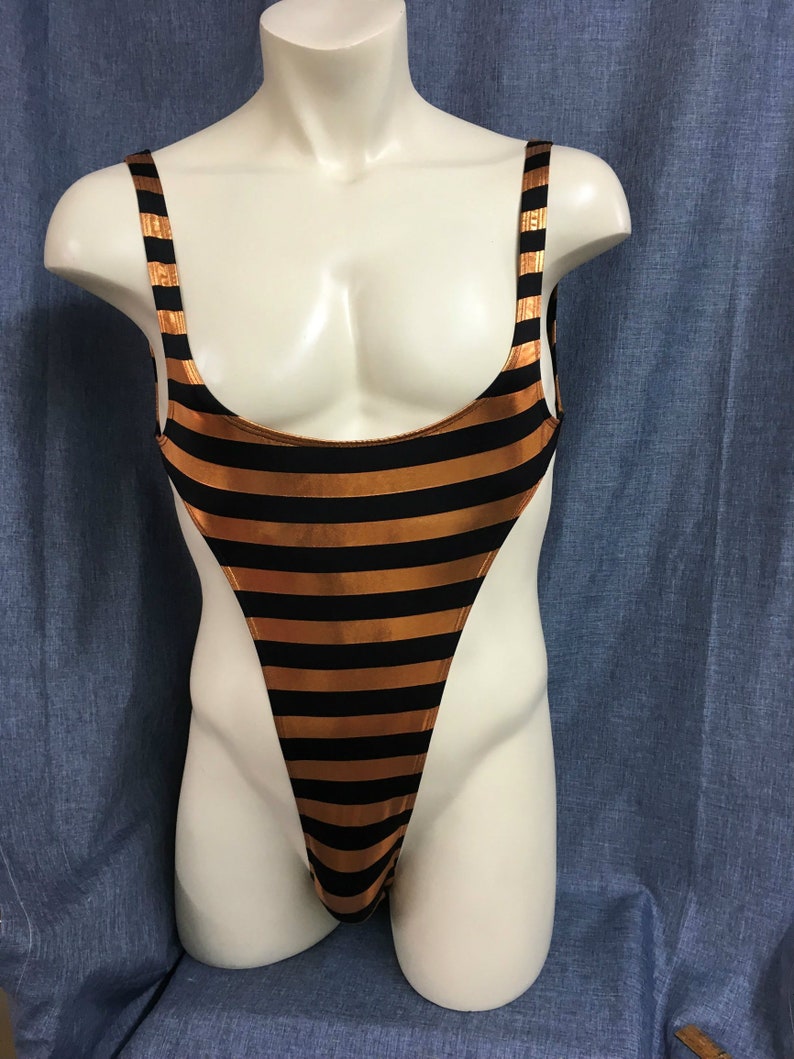leotards swimsuits bathing suits male cut one piece sling shot bikini Starwear.us copper and black metallic stripe Agamemnon