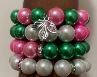 Green and Pink with pearls glass beads bracelets