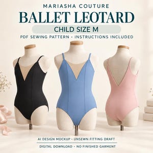 May include: Three ballet leotards in black, blue, and pink on mannequins. Text reads: MARIASHA COUTURE BALLET LEOTARD CHILD SIZE M PDF SEWING PATTERN INSTRUCTIONS INCLUDED AI DESIGN MOCKUP UNSEWN FITTING DRAFT DIGITAL DOWNLOAD NO FINISHED GARMENT.