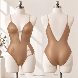 May include: A tan bodysuit featuring a deep V-neckline with a horizontal strap, thin shoulder straps, and a side cutout detail with two horizontal straps on the left hip. The back displays a deep V-cut design. The text reads FRONT and BACK.