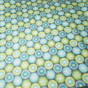 Fabric, Premium Cotton, Cute Critters Flower Circles, Grey Background. Sold in 1/2 yard increments.