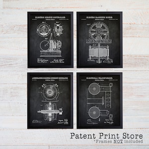 May include: A set of four black and white patent prints featuring illustrations of electrical inventions by Nikola Tesla. The prints are framed in black frames and have a vintage aesthetic.