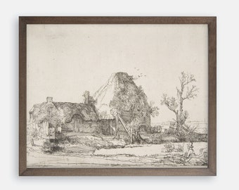 Cottage Sketch by Rembrandt. Farm Art. Farm Print. Fine Art Print. Farmhouse Art Print. Rustic Country Art Print. Vintage Art. Vintage Decor