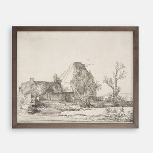 Cottage Sketch by Rembrandt. Farm Art. Farm Print. Fine Art Print. Farmhouse Art Print. Rustic Country Art Print. Vintage Art. Vintage Decor