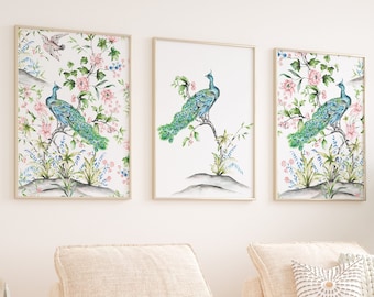 Toile Art, French Chinoiserie Watercolor Prints, Watercolor Peacock Prints, Toile Prints, Botanical Prints, Bird Prints, Chinoiserie Art