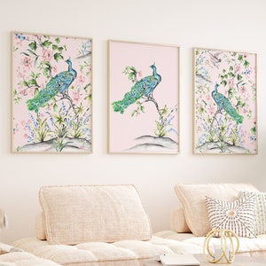 French Pink Chinoiserie Watercolor Prints, Watercolor Peacock Prints, Bird and Botanical Art, Botanical Prints, Bird Prints, Chinoiserie Art